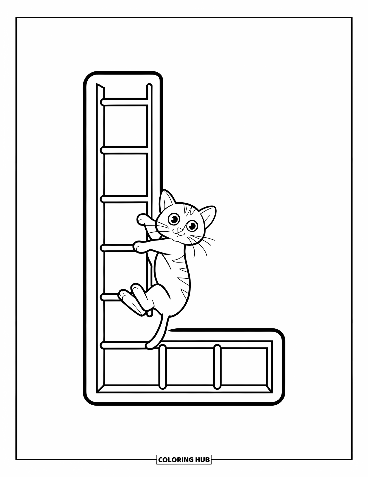 Letter L Coloring Page for Kids: A curious cat climbs the rungs of a letter L ladder