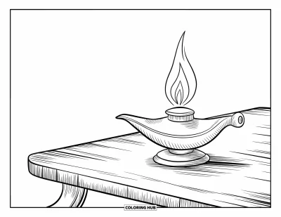 Coloriage de la lettre L pour enfants : Une lampe à huile courbée vacille doucement sur une vieille table en bois