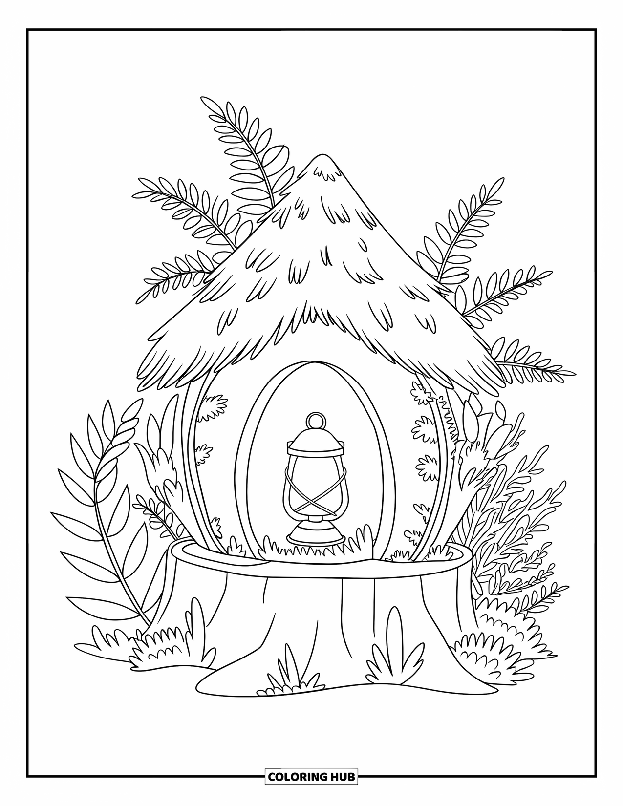 Letter L Coloring Page for Kids: A fairy house built into a stump glows warmly with a little lantern