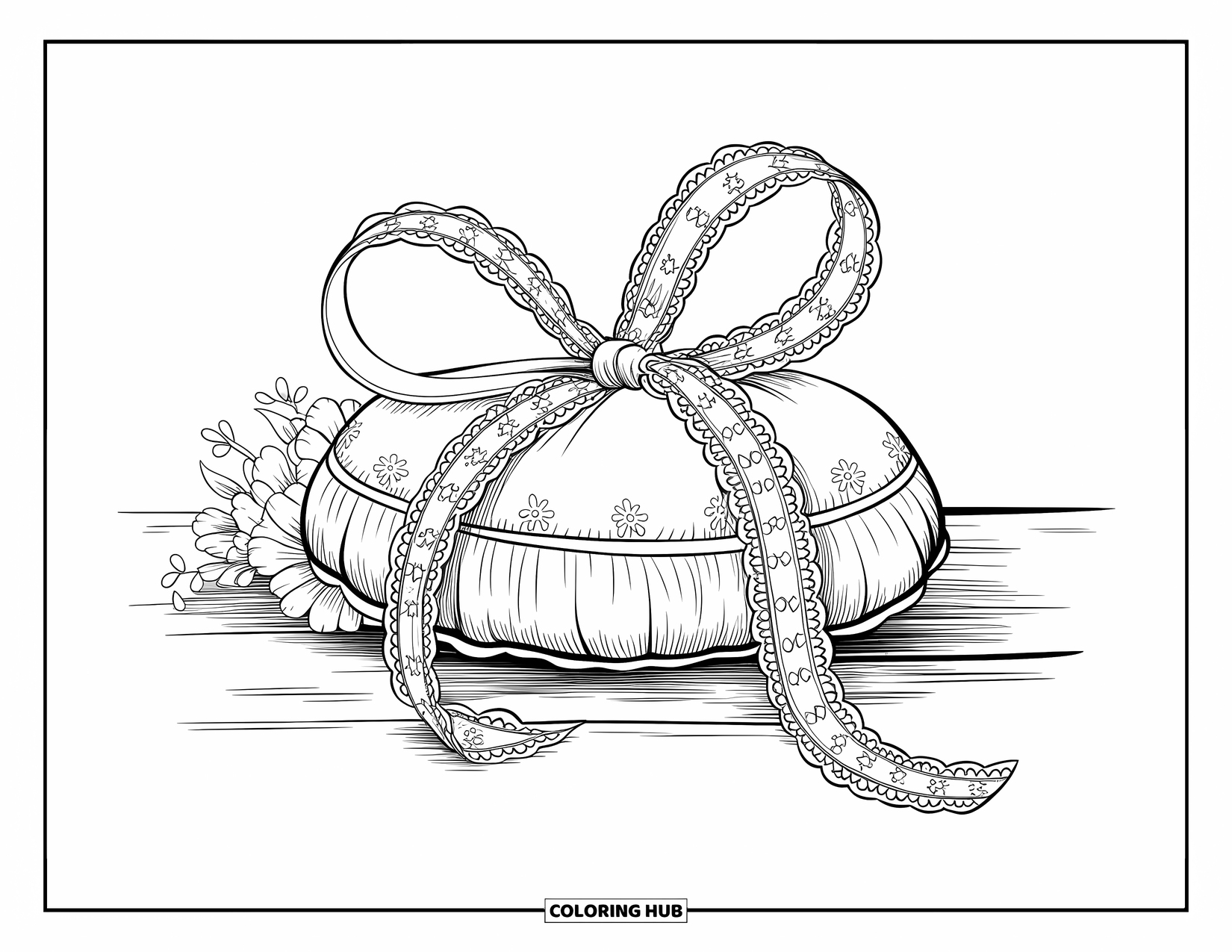 Letter L Coloring Page for Kids: A floral cushion with a lace ribbon bow rests beside some flowers