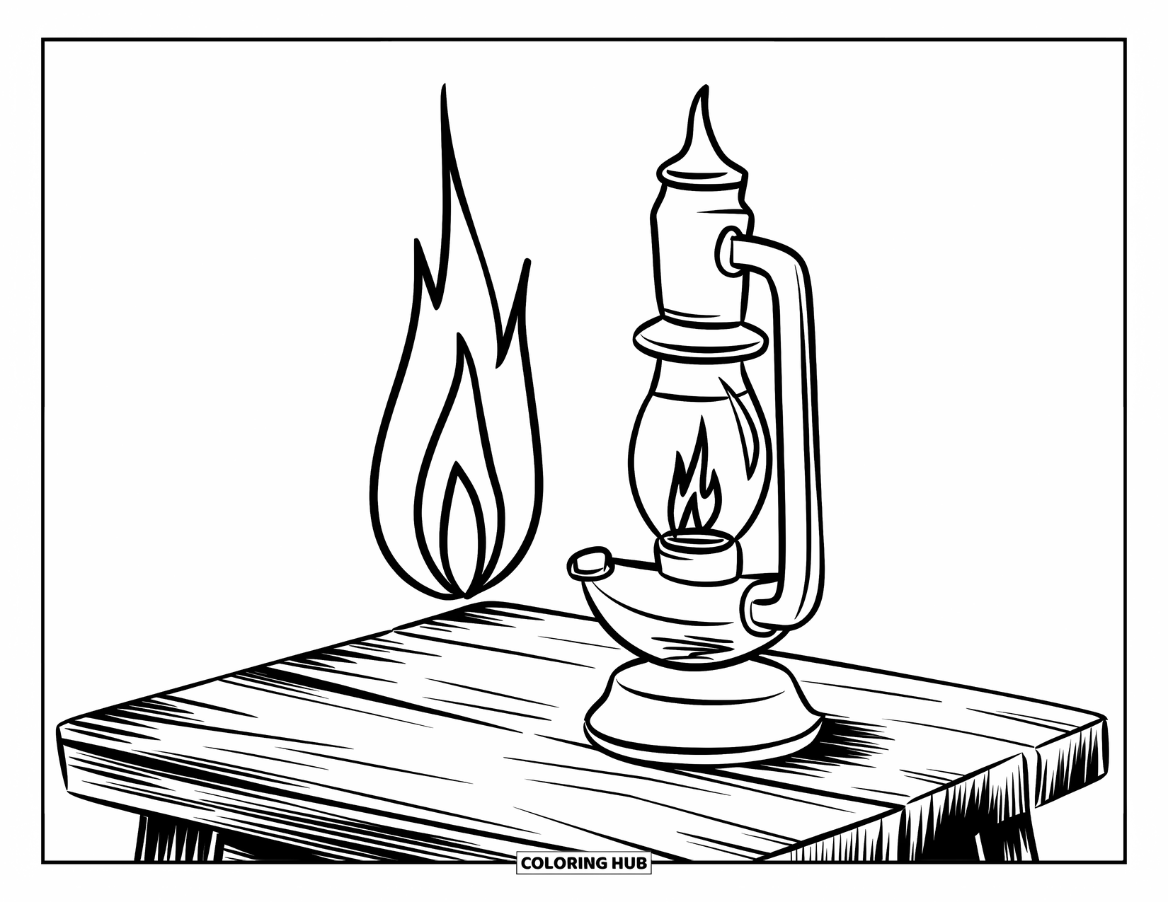 Letter L Coloring Page for Kids: A glass-shaded lamp glows softly on a textured wooden table