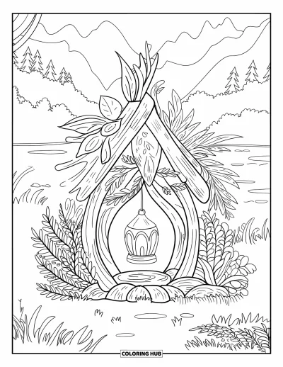 Coloriage de la lettre L pour enfants : Une lanterne lumineuse illumine une maison de fée dans une souche entourée de verdure