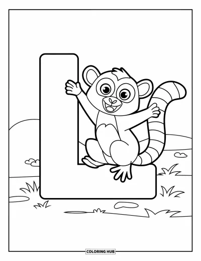 Coloriage de la lettre L pour enfants : Un lémurien joyeux se suspend à une grande lettre L posée sur le sol