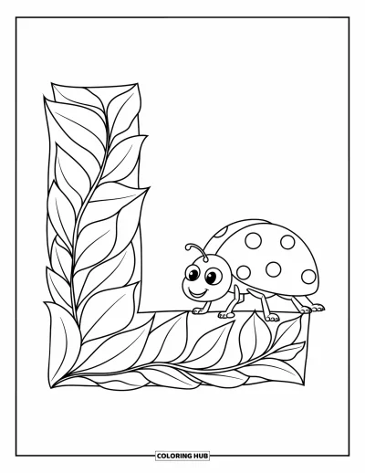 Coloriage de la lettre L pour enfants : Une coccinelle traverse une lettre L recouverte de feuilles en souriant