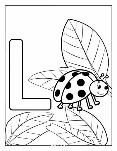 Coloriage de la lettre L pour enfants : Une coccinelle tachetée explore des feuilles près de la grande lettre L