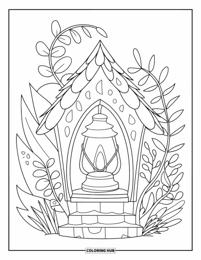 Coloriage de la lettre L pour enfants : Une lanterne brille chaleureusement dans une minuscule maison de fée avec des plantes autour