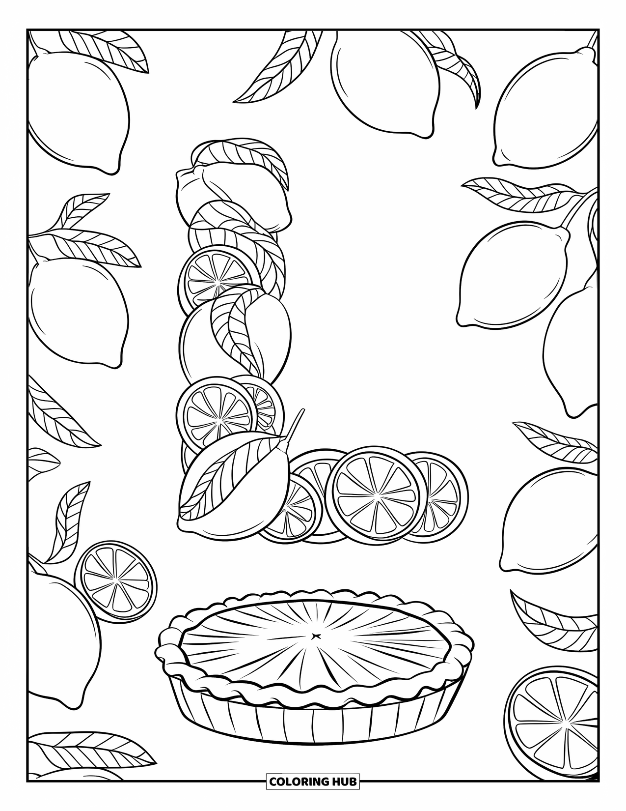 Letter L Coloring Page for Kids: A lemon-filled letter L stands beside a pie and scattered citrus fruits