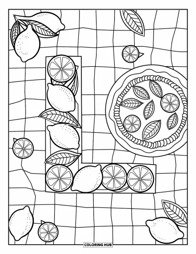 Coloriage de la lettre L pour enfants : Une lettre L citronnée avec une tarte et des fruits sur une nappe à carreaux