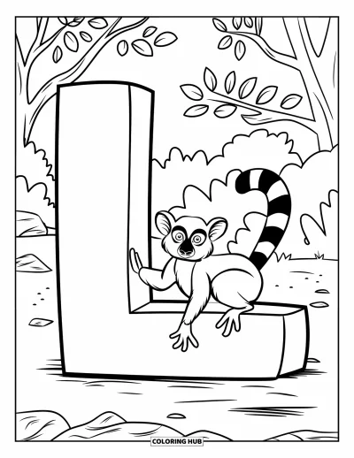 Coloriage de la lettre L pour enfants : Un lémurien joue en se suspendant à la lettre L près d'arbres et de rochers
