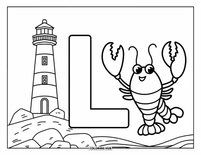 Coloriage de la lettre L pour enfants : Un phare et un homard posent à côté du grand L et du petit l