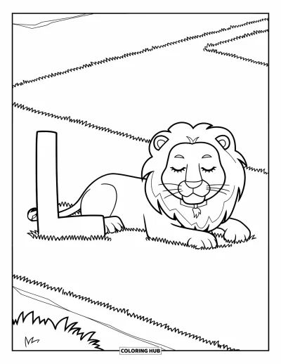 Coloriage de la lettre L pour enfants : Un lion se repose dans l'herbe à côté d'une grande lettre L
