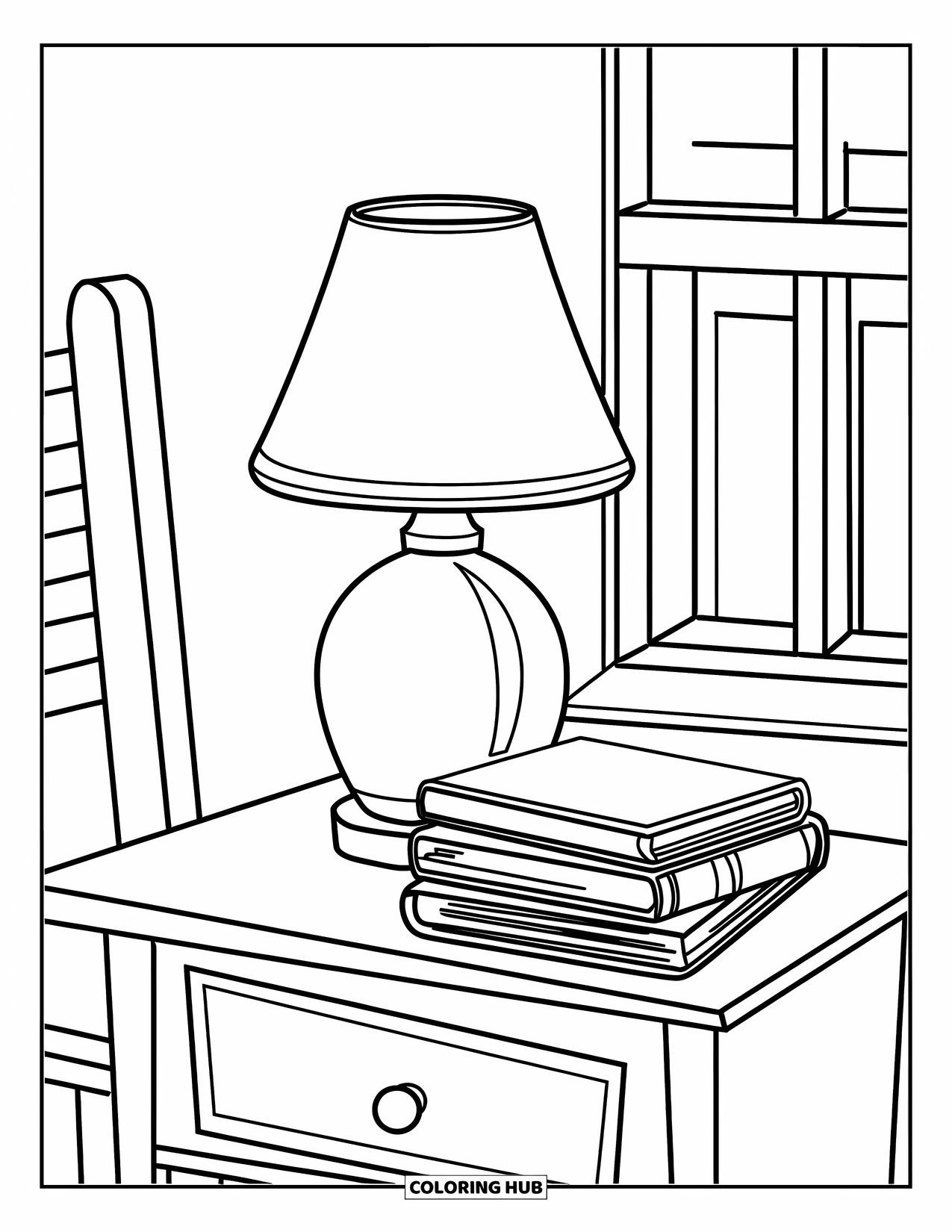 Letter L Coloring Page for Kids: A little lamp glows beside bedtime books near a chair and window