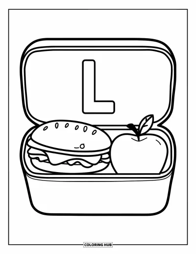 Coloriage de la lettre L pour enfants : Une boîte à lunch avec la lettre L contient un sandwich, une pomme et un jus