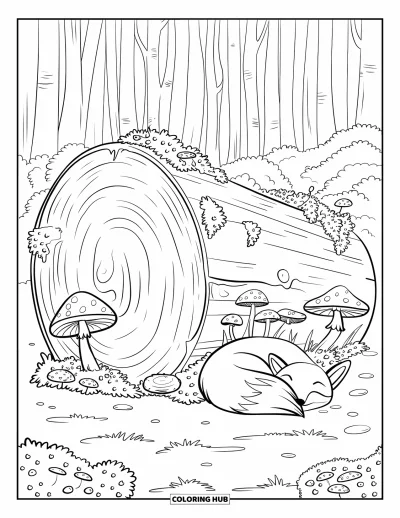 Coloriage de la lettre L pour enfants : Une bûche mousseuse en forêt accueille des champignons et un renard endormi