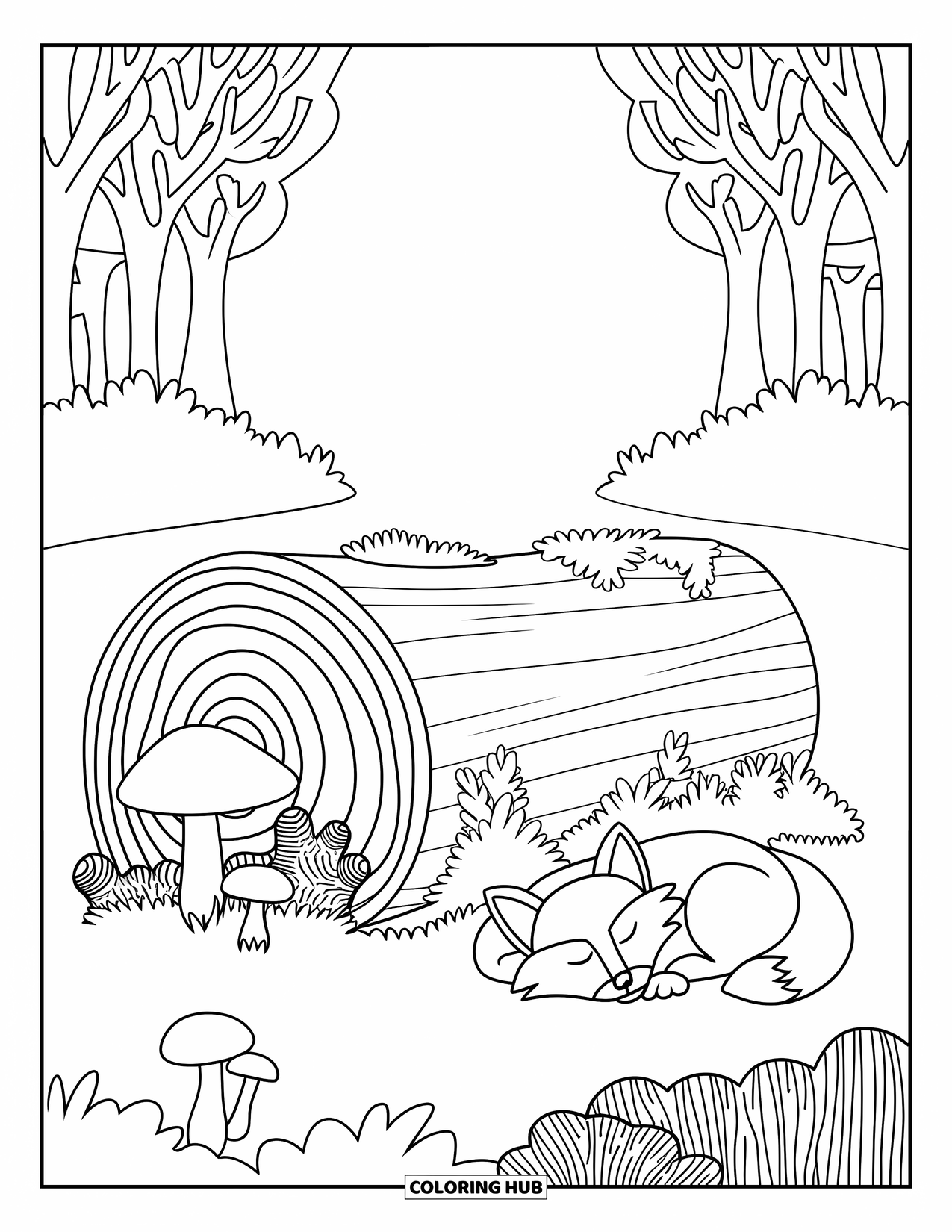 Letter L Coloring Page for Kids: A quiet forest scene with mushrooms and a fox napping beside a log