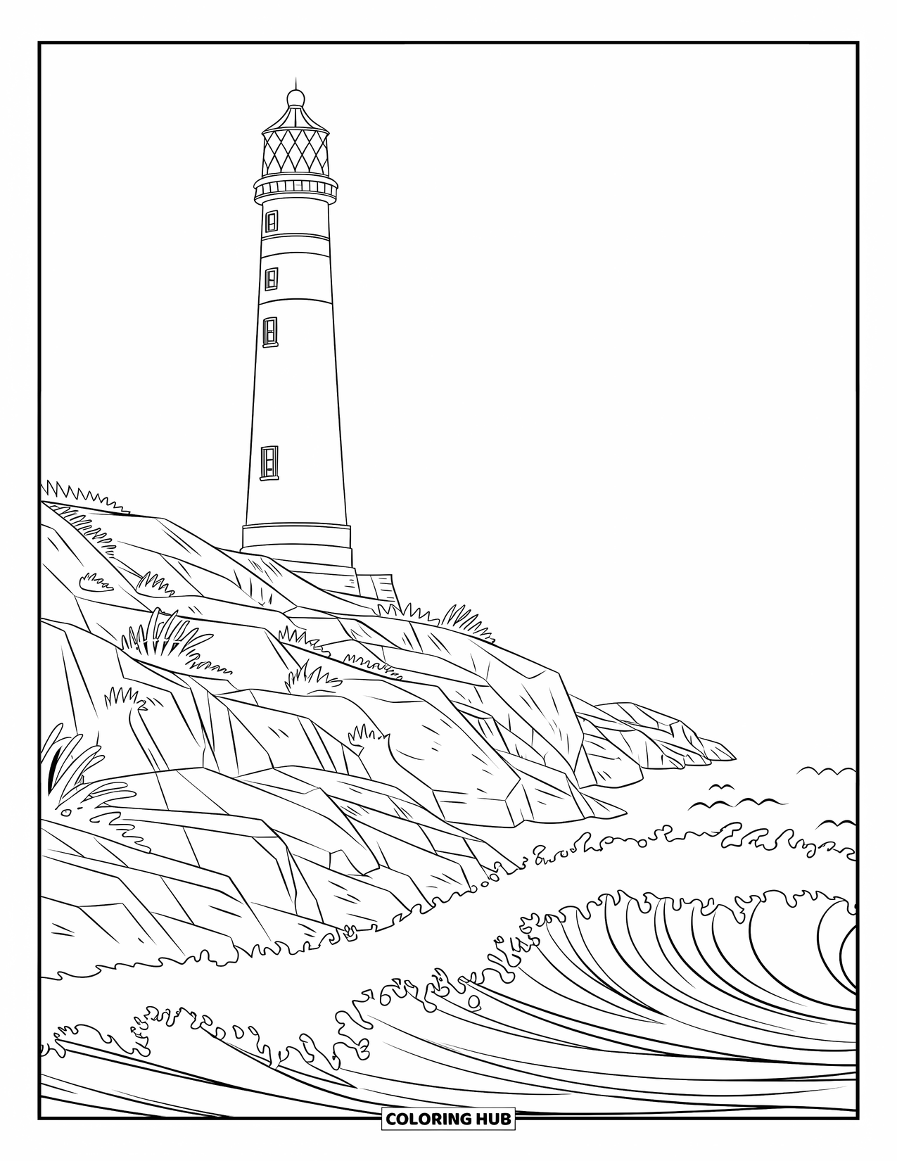 Letter L Coloring Page for Kids: A round-roofed lighthouse rises over cliffs and foamy waves