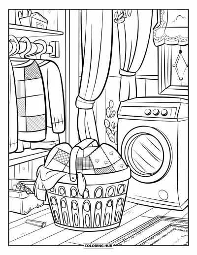 Coloriage de la lettre L pour enfants : Une buanderie rustique avec de petits vêtements et un linge à carreaux à proximité