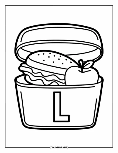 Coloriage de la lettre L pour enfants : Un sandwich, une pomme et un jus reposent dans une boîte à lunch marquée L