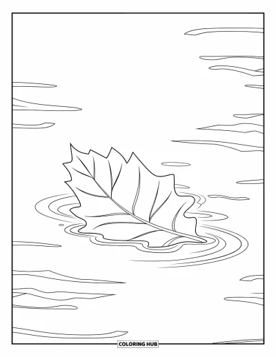 Coloriage de la lettre L pour enfants : Une seule feuille flotte délicatement sur une eau légèrement ondulée