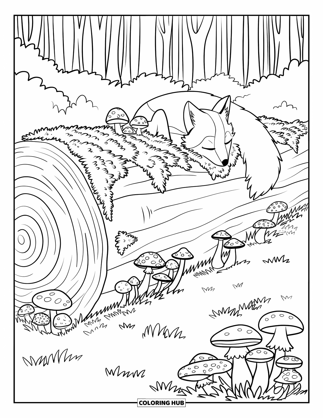 Letter L Coloring Page for Kids: A sleepy fox curls up by a mossy log filled with mushrooms