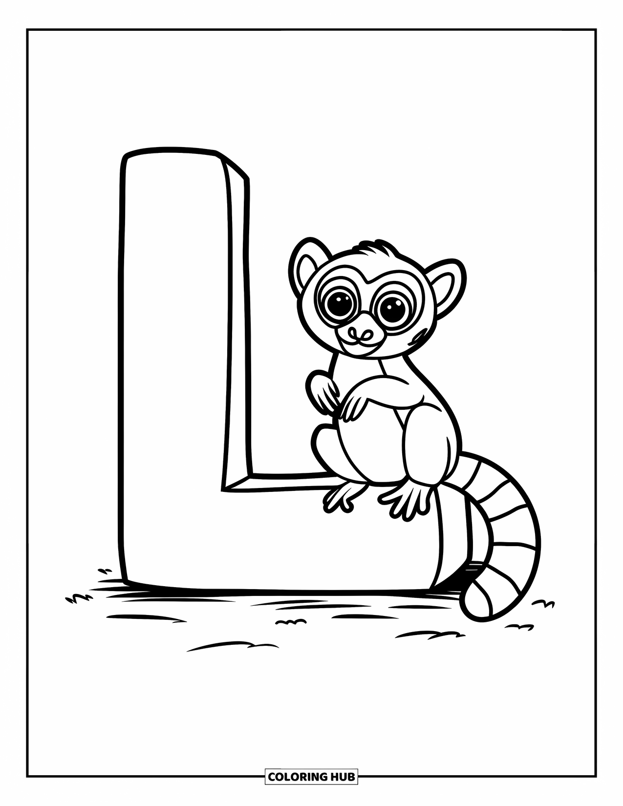 Letter L Coloring Page for Kids: A smiling lemur clings to the side of a curved letter L