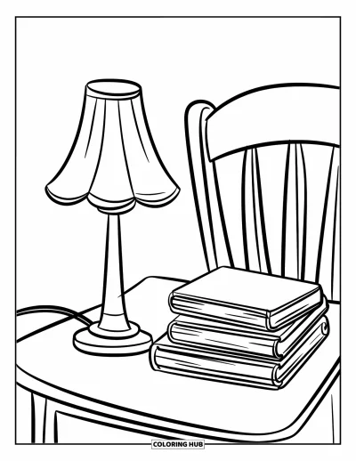 Coloriage de la lettre L pour enfants : Une lampe à la lueur douce repose à côté de livres pour l'heure du coucher sur une petite table de nuit