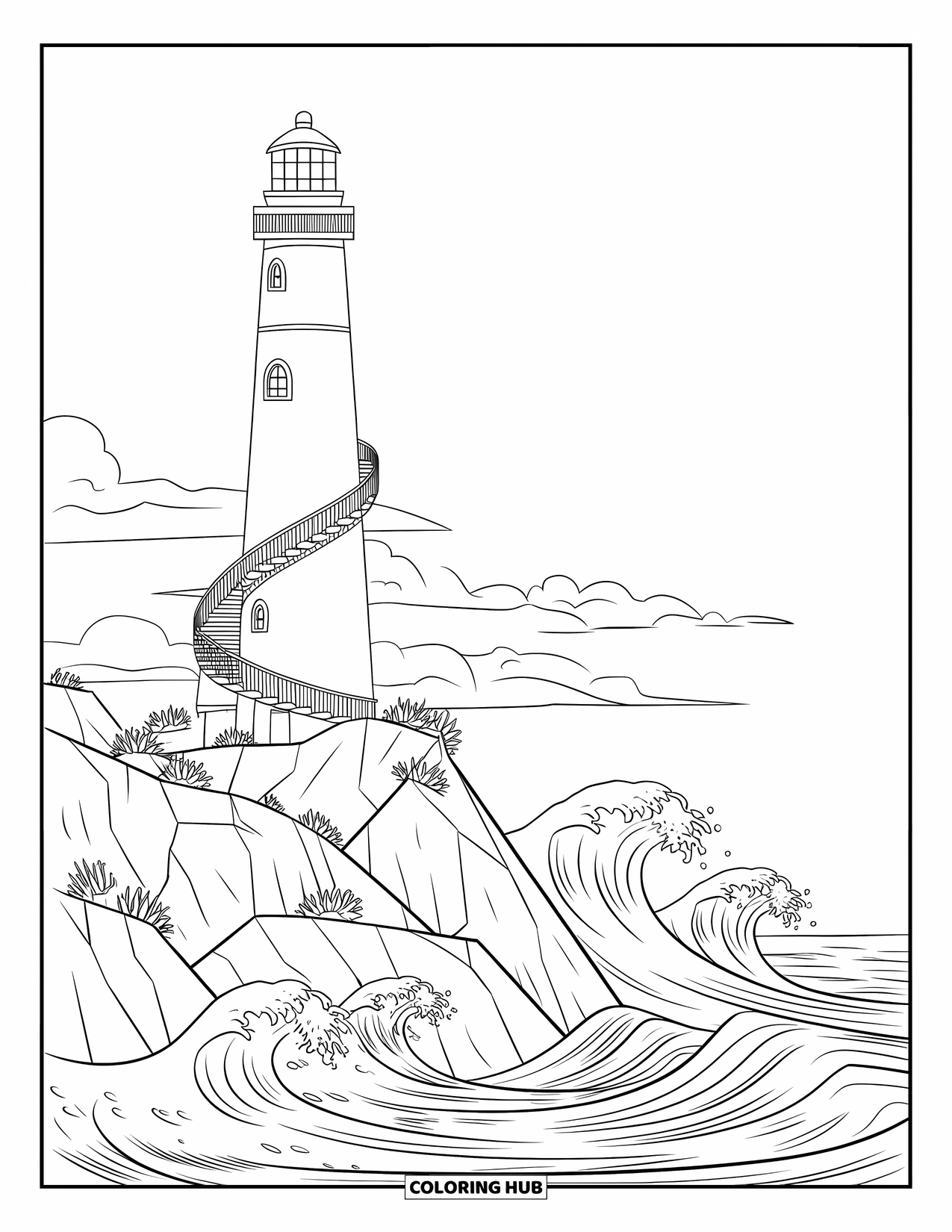 Letter L Coloring Page for Kids: A spiral lighthouse watches over the sea from rocky cliffs