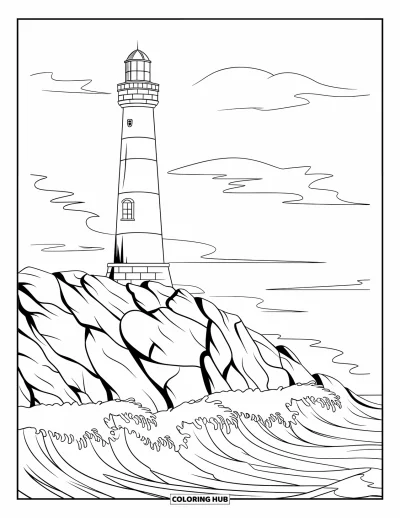Coloriage de la lettre L pour enfants : Un grand phare résiste fermement aux vagues qui s'écrasent contre des rochers
