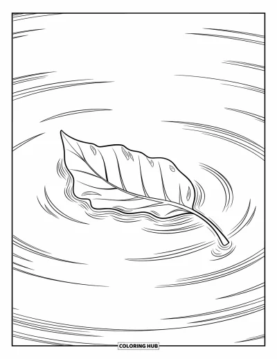Coloriage de la lettre L pour enfants : Une feuille veinée flotte paisiblement, envoyant de douces ondulations à la surface de l'eau