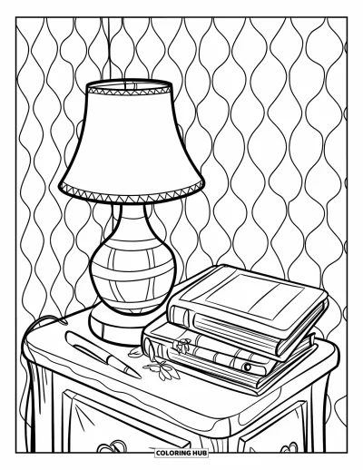 Coloriage de la lettre L pour enfants : Une lampe chaleureuse brille à côté de livres, d'un stylo et d'une petite plante