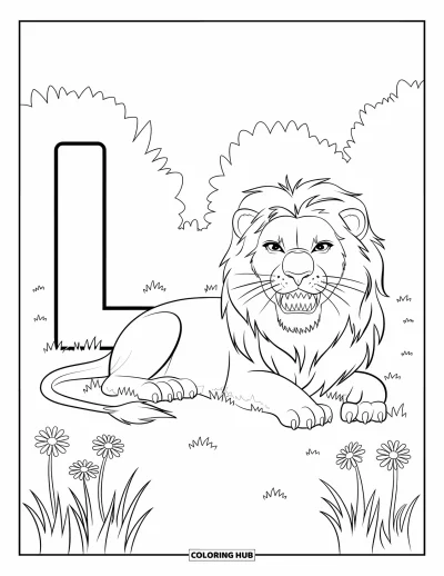 Coloriage de la lettre L pour enfants : Un lion bâillant se repose à côté d'une lettre L sous des arbres feuillus
