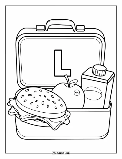 Coloriage de la lettre L pour enfants : Une boîte à lunch marquée L contient un sandwich, une pomme et une brique de jus rouge vif