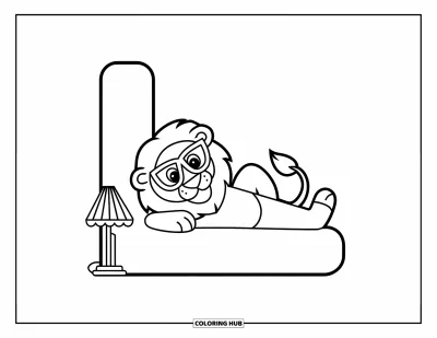Coloriage de la lettre L pour enfants : Grand L et un lion se détendent tandis que petit l et une lampe souriante sont à côté
