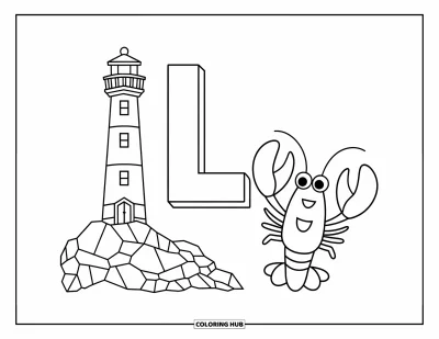 Coloriage de la lettre L pour enfants : Grand L se dresse fièrement près d'un phare, tandis que petit l rencontre un homard