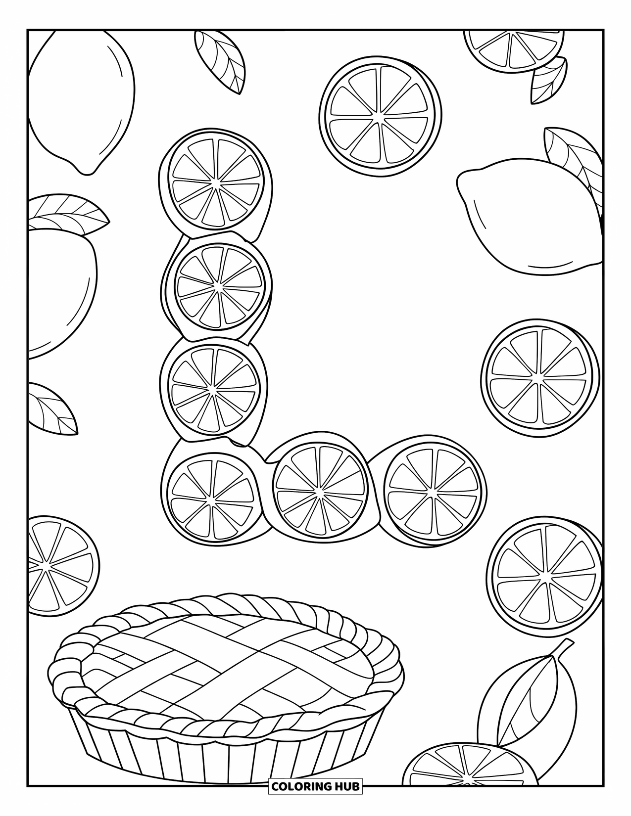 Letter L Coloring Page for Kids: Lemons and slices form the letter L beside a tasty lemon pie