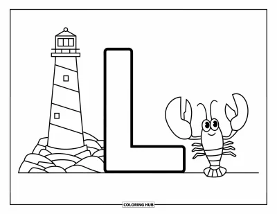 Coloriage de la lettre L pour enfants : La lettre L et un phare rencontrent le petit l et un homard