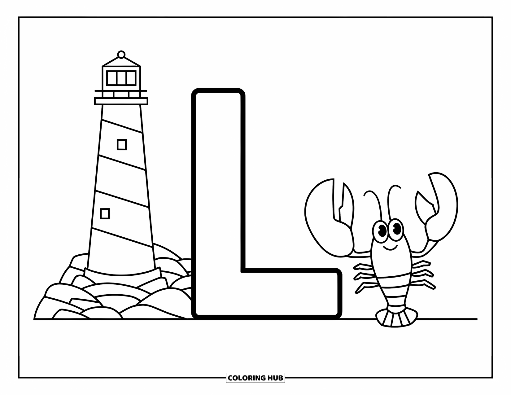 Letter L Coloring Page for Kids: The letter L and a lighthouse meet little l and a lobster