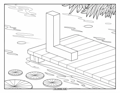 Coloriage de la lettre L pour enfants : La lettre L se dresse fièrement sur un ponton entouré de nénuphars