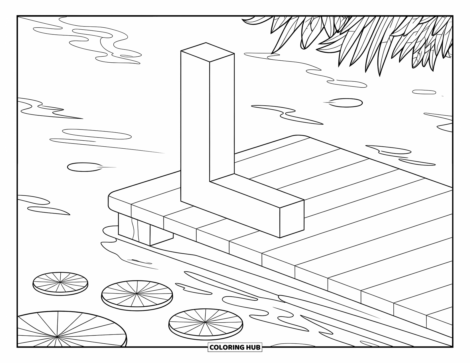 Letter L Coloring Page for Kids: The letter L stands proudly on a dock surrounded by lily pads