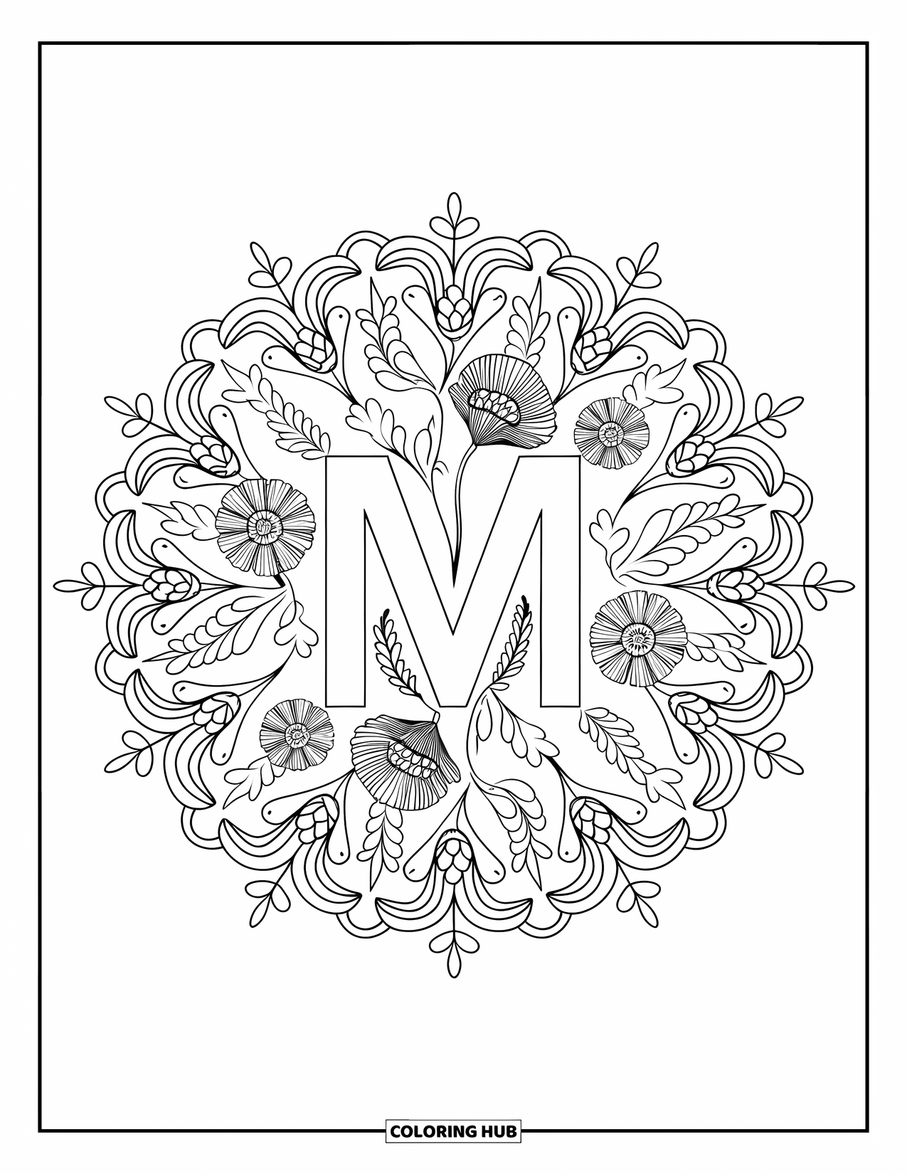 Letter M Coloring Page for Adults: A floral mandala of marigolds and meadow herbs frames the letter M