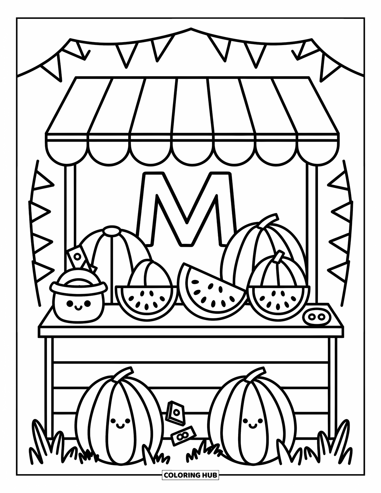 Letter M Coloring Page for Adults: A melon stand and coin purse sit beside M in a cheerful market scene