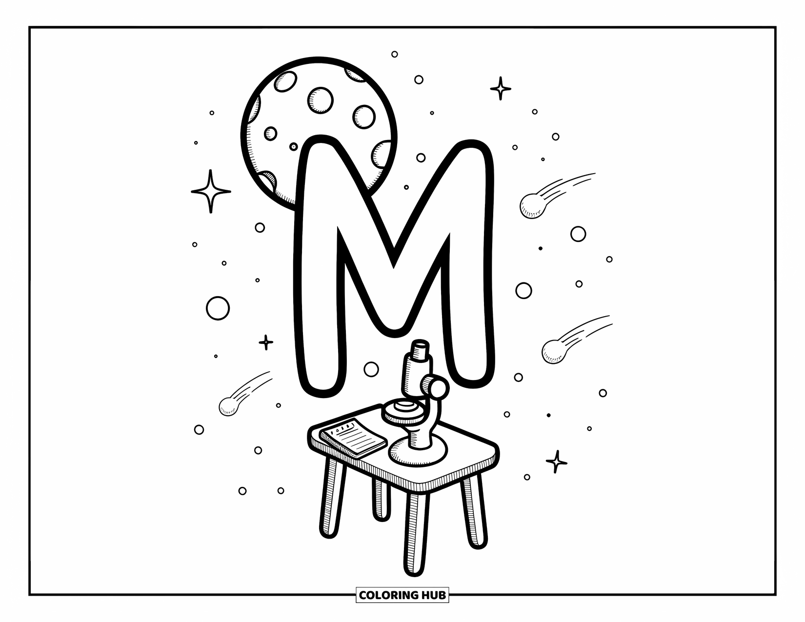 Letter M Coloring Page for Adults: A moon and toy microscope float around M in a cozy space scene