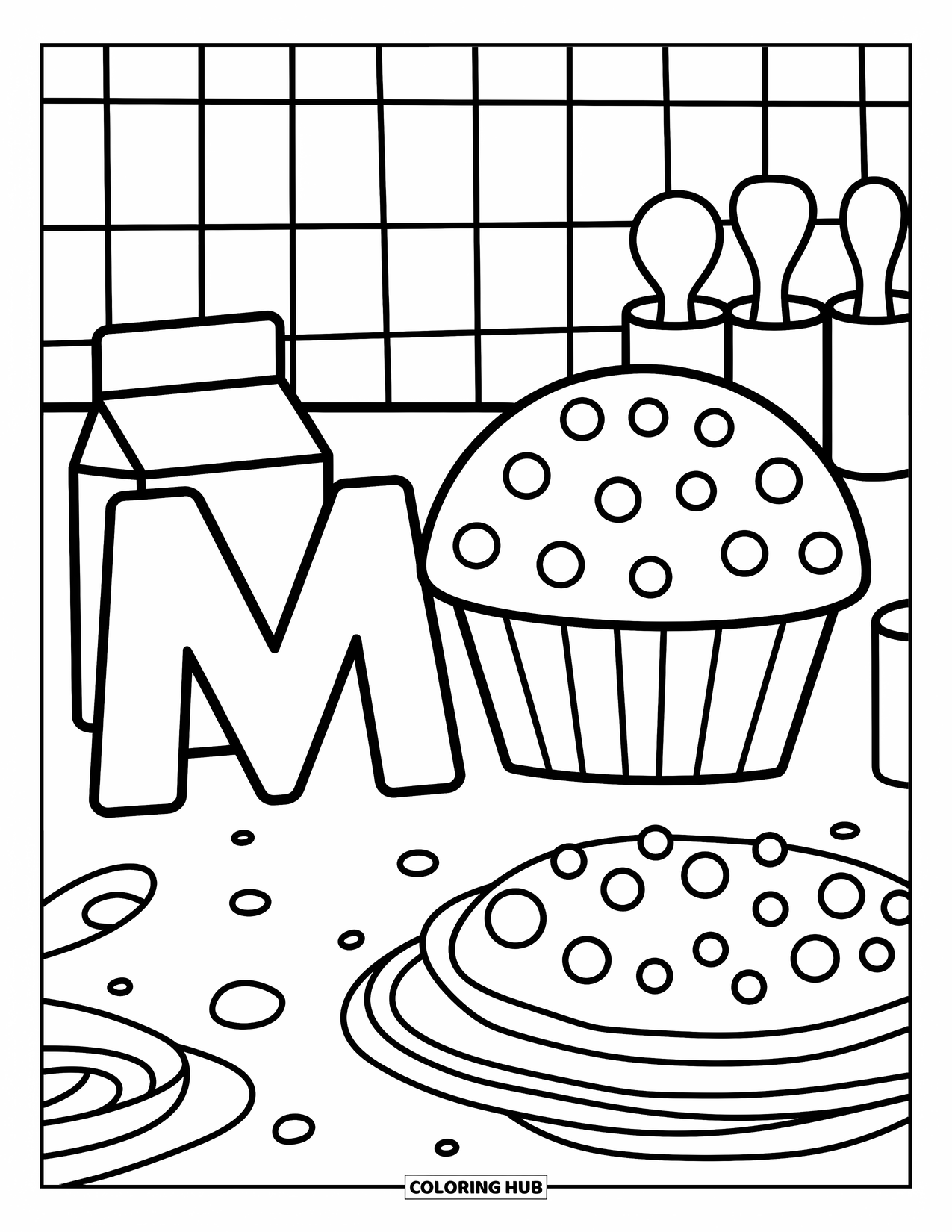 Letter M Coloring Page for Adults: A muffin and milk sit next to M on a checkered counter