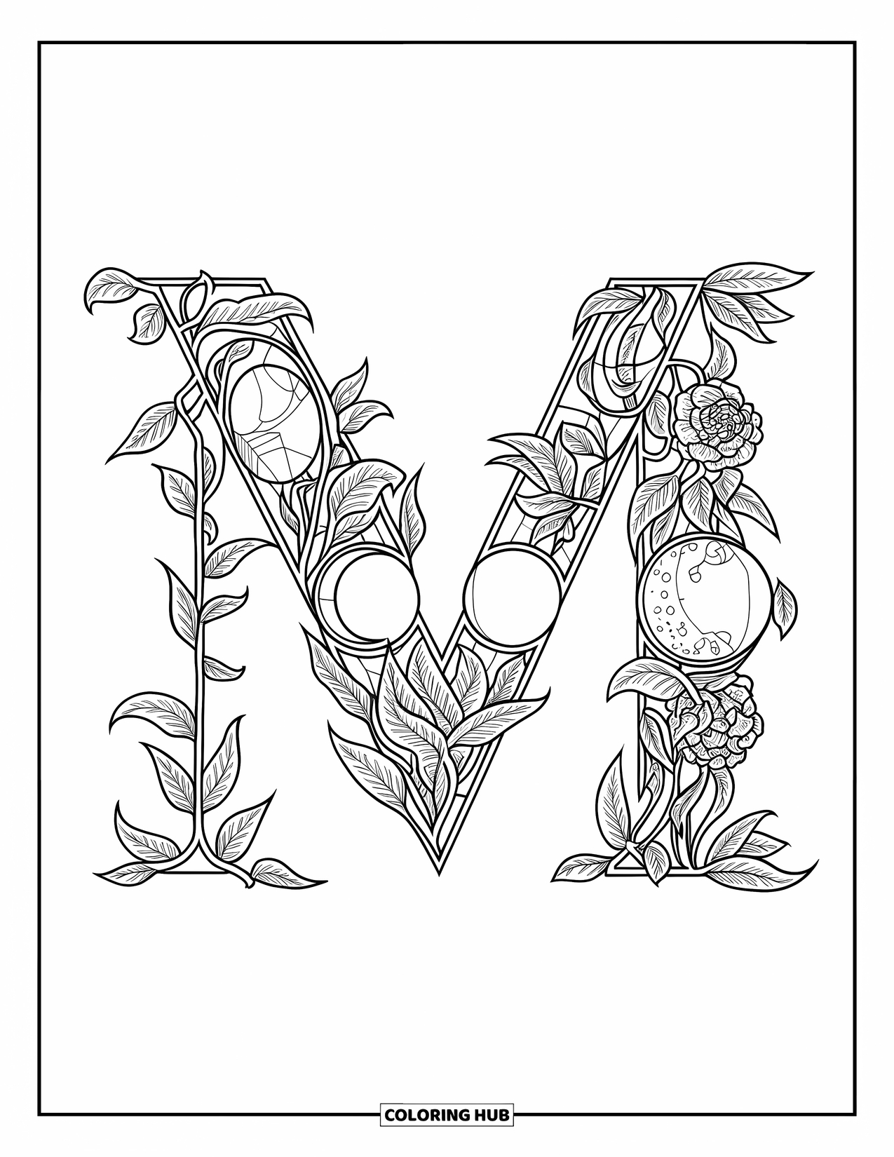 Letter M Coloring Page for Adults: A stained-glass-style frame with moons and florals highlights the letter M