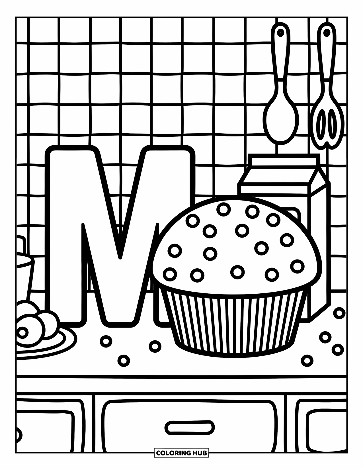 Letter M Coloring Page for Adults: Berry-topped muffin and milk rest near M in a tiny kitchen scene