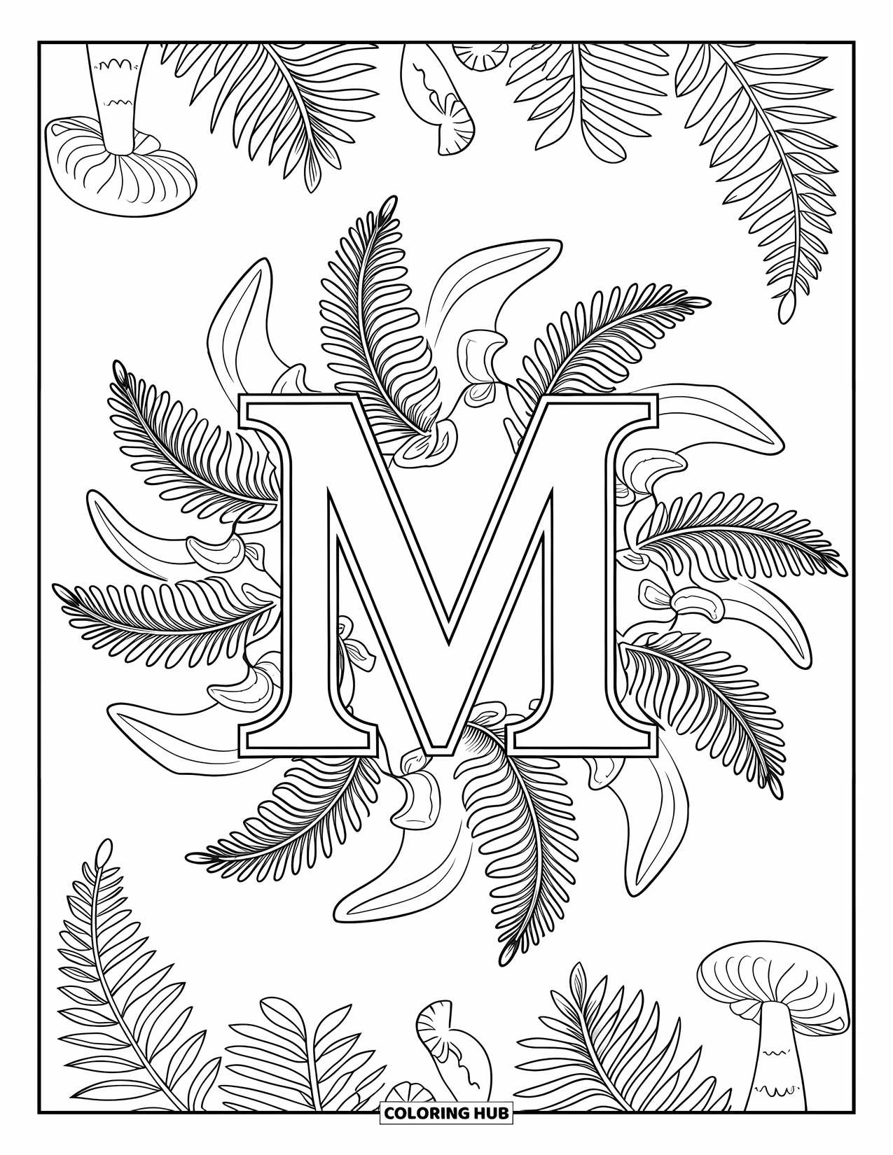 Letter M Coloring Page for Adults: Botanical mandalas of ferns and mushrooms surround a large M