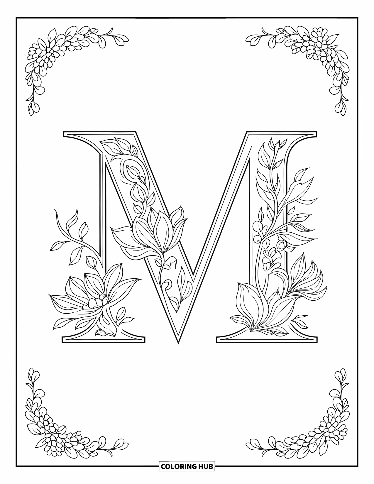 Letter M Coloring Page for Adults: Floral vines and tiny magnolia blossoms swirl around a mirrored M