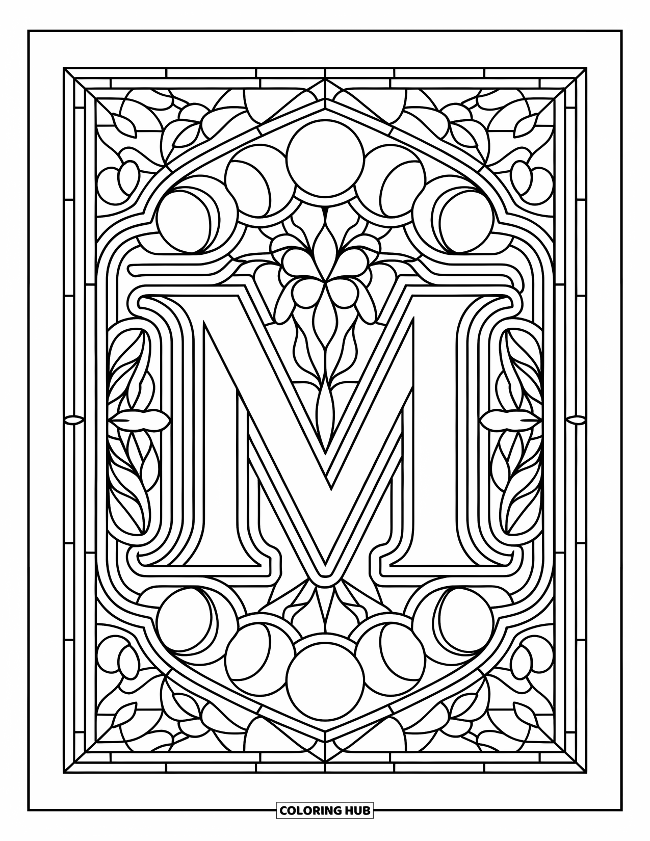 Letter M Coloring Page for Adults: Intertwined leaves and moons decorate M in a floral stained-glass layout