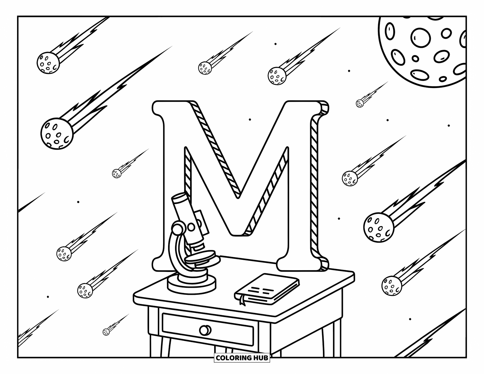 Letter M Coloring Page for Adults: M drifts in space beside a cratered moon, notebook, and toy microscope