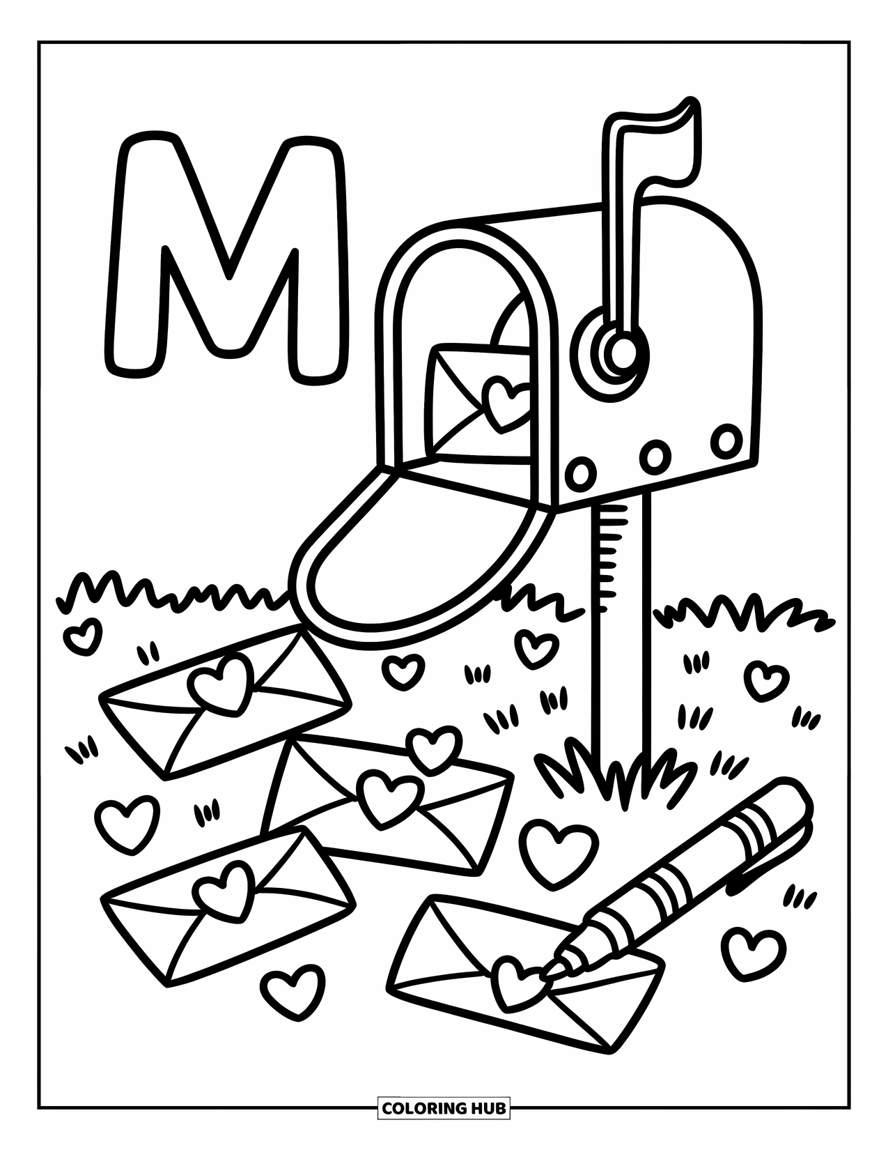 Letter M Coloring Page for Adults: M rests beside a mailbox, flying letters, and a chunky marker